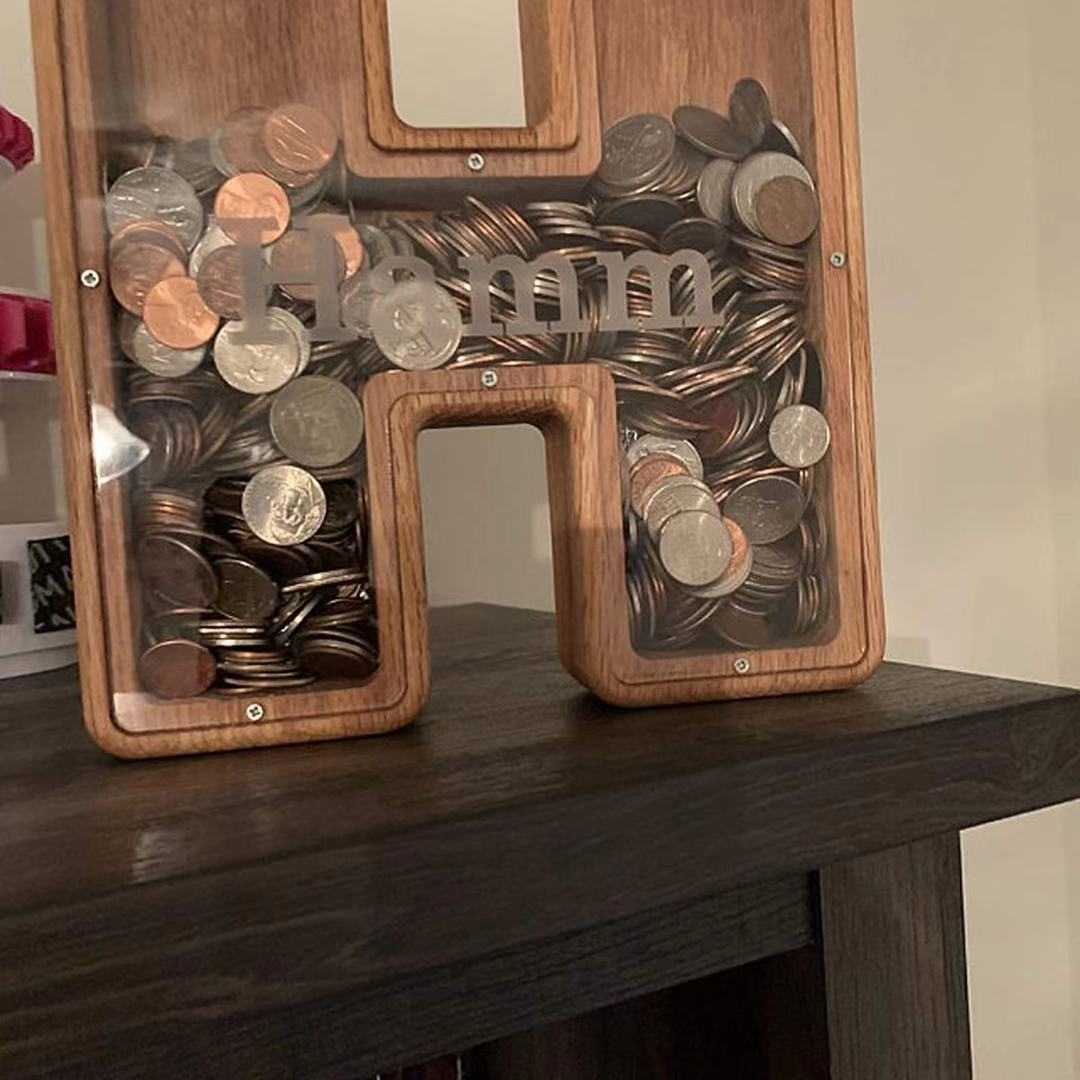 Piggy Bank Letter Shaped Money Box Large Enough Burly Wooden Wood